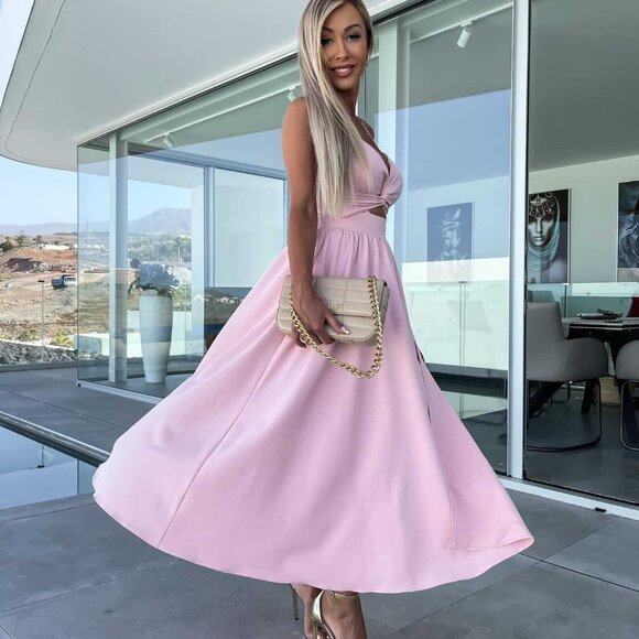 2/$40 Pink Cut-Out Midi Dress Slit Fit and Flare Pleated Sleeveless Summer Party - Picture 5 of 5